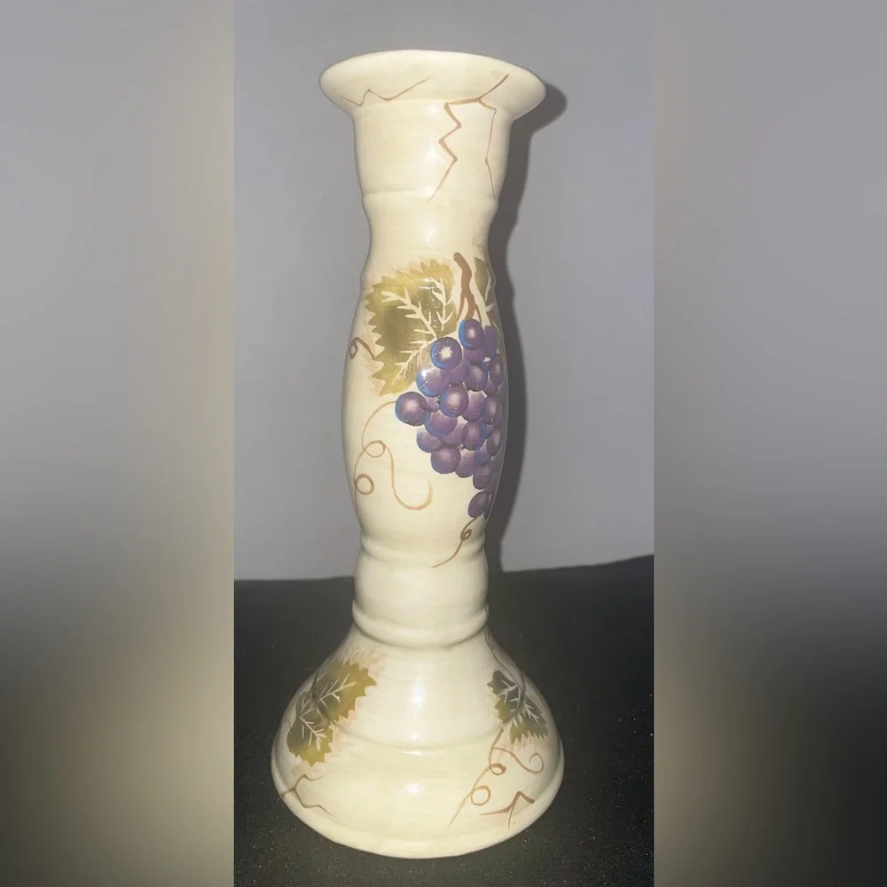 Cabernet Purple Grapes Candlestick Holder 9.5” Tabletops Unlimited Hand Painted